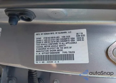 2019 Honda Ridgeline Sport from USA, damaged, VIN 5FPYK3F18KB040286